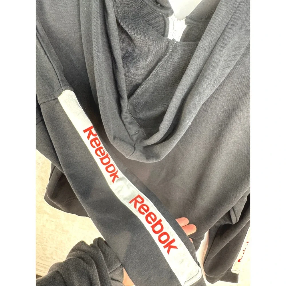 Reebok Womens Full Zip Hoodie Black Logo Side Stripe Drop Shoulder Medium M - Picture 2 of 7